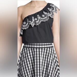 Kate Spade Black One-Shoulder Top with White Embroidery